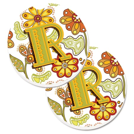 Carolines Treasures Letter R Floral Mustard and Green Cup Holder Car Coaster, PK2 CJ2003-RCARC